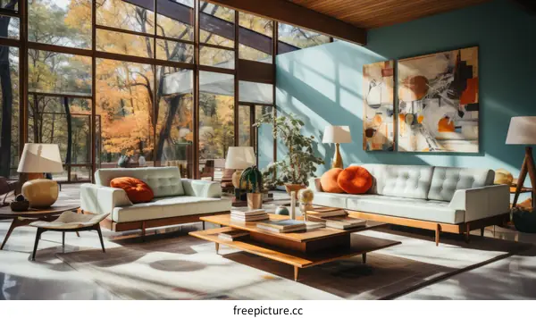 Retro home interior with large windows and colorful paintings