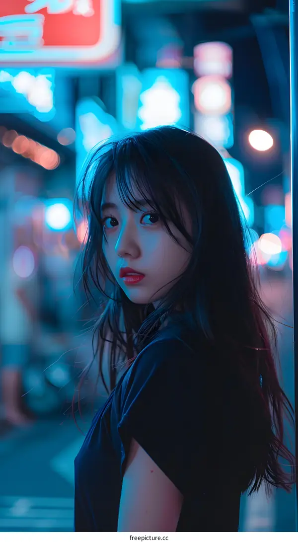 Young Asian Woman Standing in Neon Lit Street