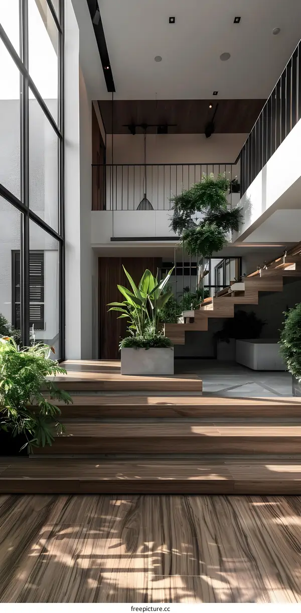 Modern House Interior Design With Wooden Stairs And Natural Light