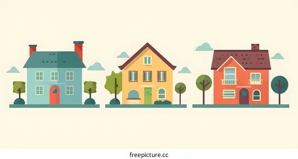 Three Flat Design Houses Illustration