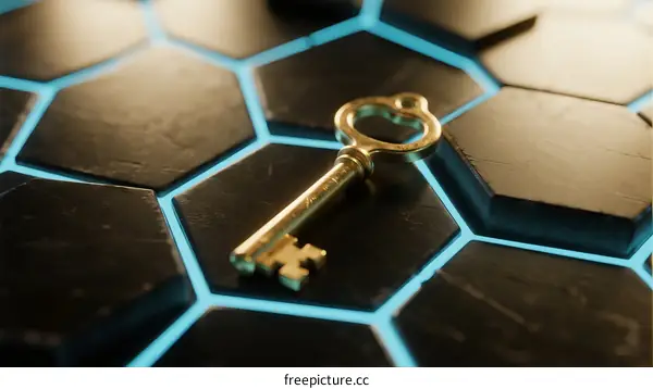 Golden Key on Hexagonal Pattern Background