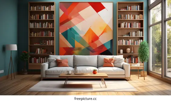 Vibrant Geometric Artwork Adorns Living Room with Blue Walls and White Sofa, Shelving, Plants