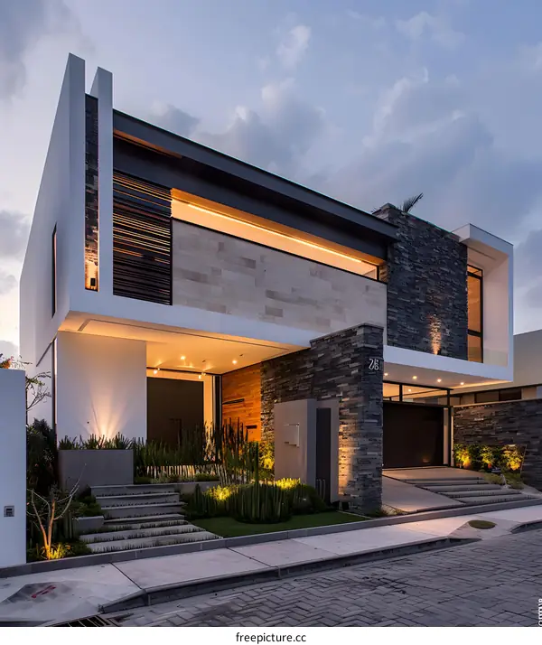 Modern Architecture House with Stone Walls and Landscaping