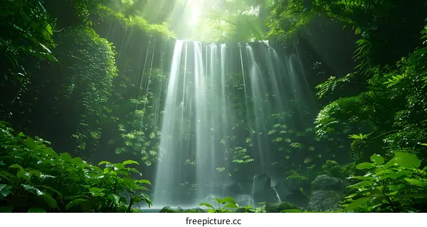 Sunlight Streaming Through Lush Green Forest Waterfall