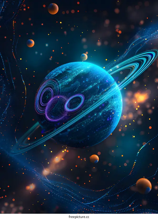Blue planet with glowing rings and particles in space