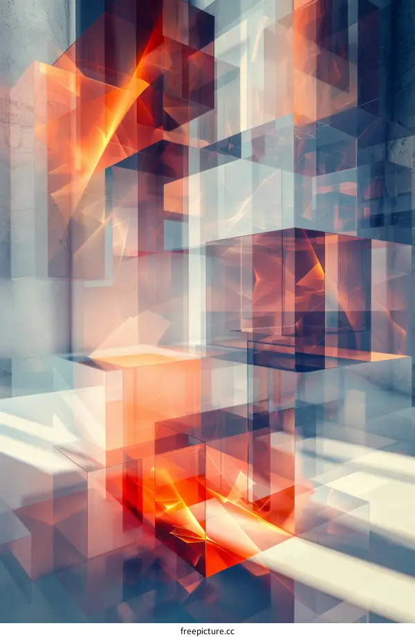Abstract 3D rendering of glass cubes with caustics