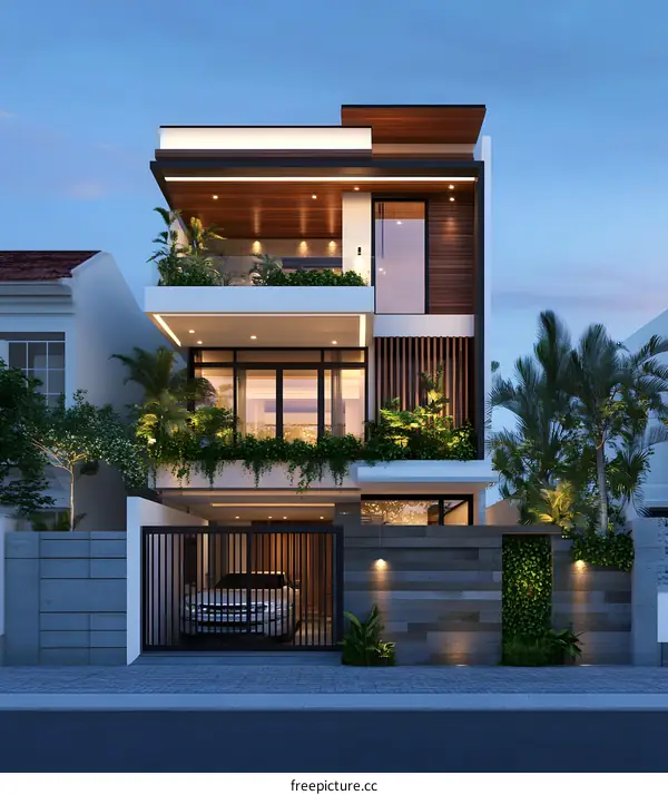 Modern Two Story House with Wooden Accents and Garden