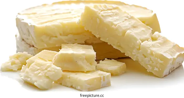 Slices of creamy white cheese on a white background