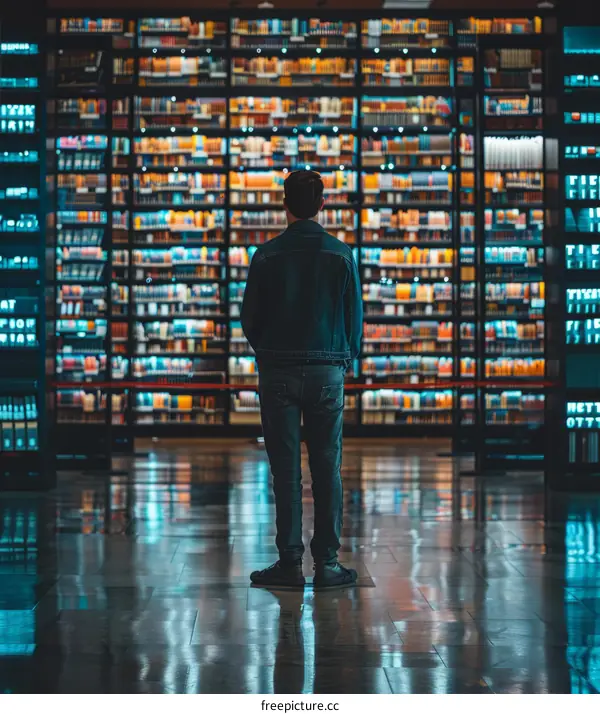 A person standing in a library in front of a large wall of books.