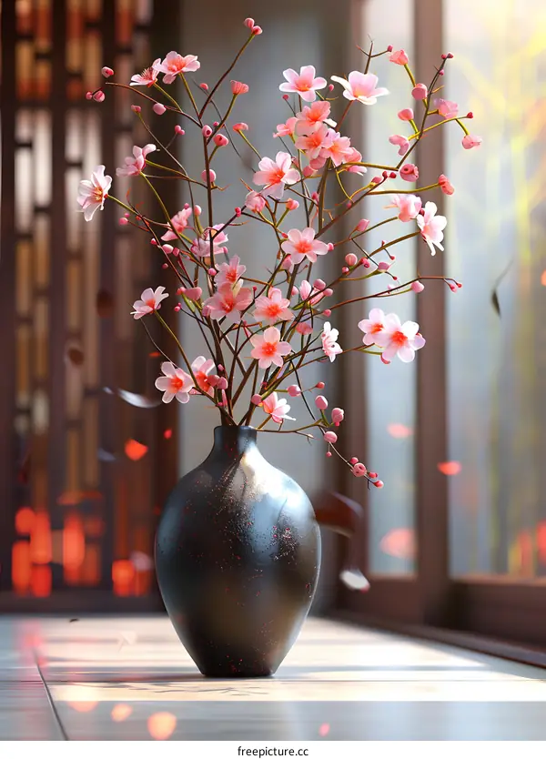 A vase of cherry blossoms