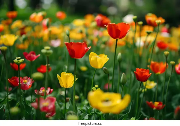 Colorful Tulips in a Field of Green