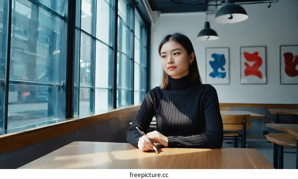 Woman Sitting at Cafe Table Contemplative Cafe Scene