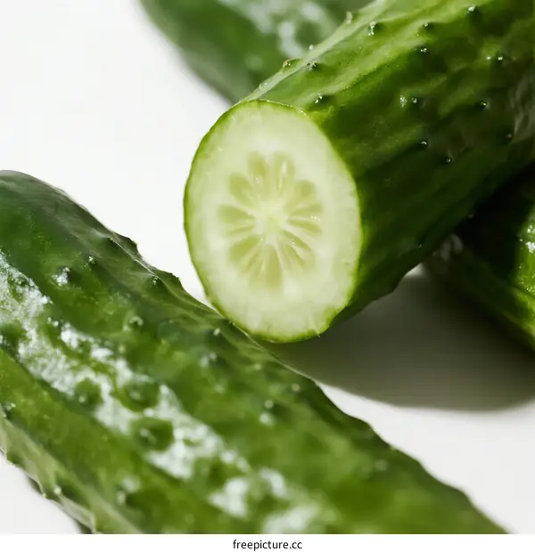 Fresh Green Cucumbers with Cross Section Showing Internal Structure