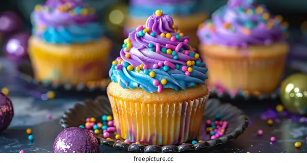 Purple and Blue Frosted Cupcake with Sprinkles