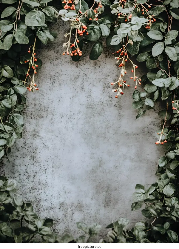 Green Leaves and Red Berries on a Grey Wall Background