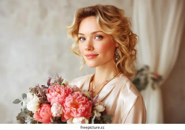 Beautiful Blonde Woman with Exquisite Wedding Bouquet