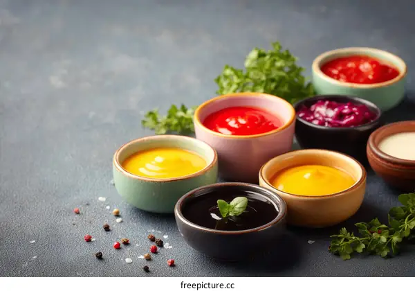 Assortment of Colorful Sauces in Small Bowls