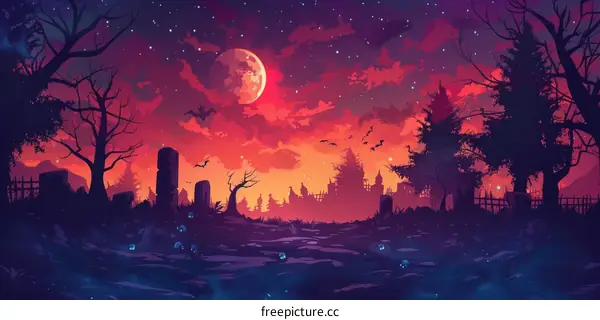 Fantasy landscape with creepy trees and a blood moon