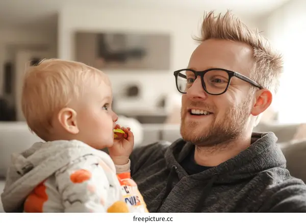 Father and Child Bonding Over a Teether