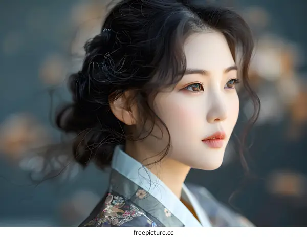 Portrait of a beautiful Asian woman in traditional Korean dress, hanbok