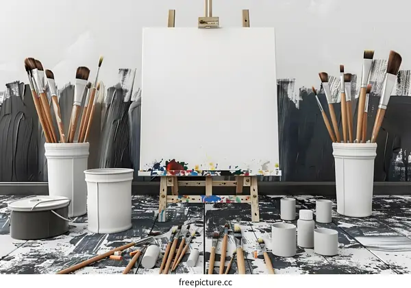 Empty Canvas with Paintbrushes and Art Supplies in Studio