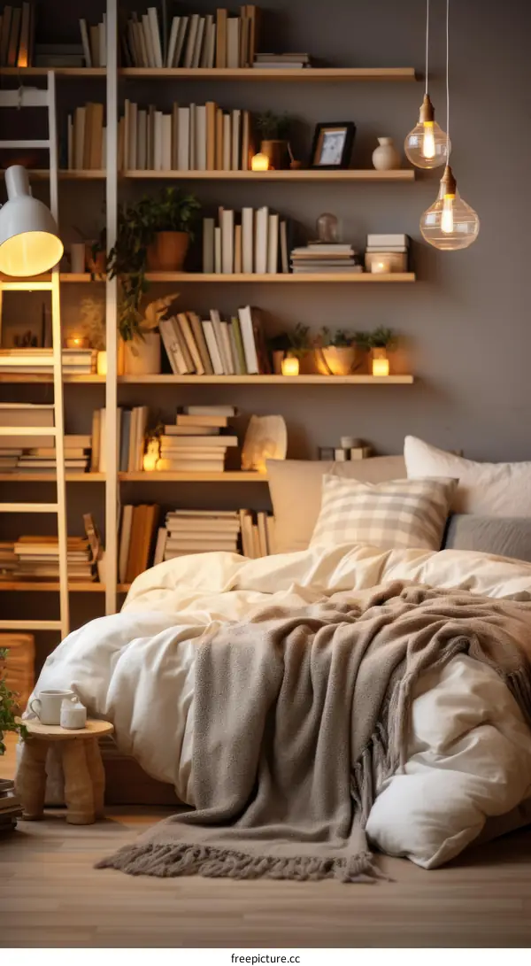 Cozy bedroom with bookshelves and a comfortable bed