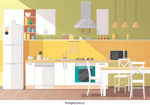 Modern Kitchen Interior Design with White Cabinets and Yellow Tile