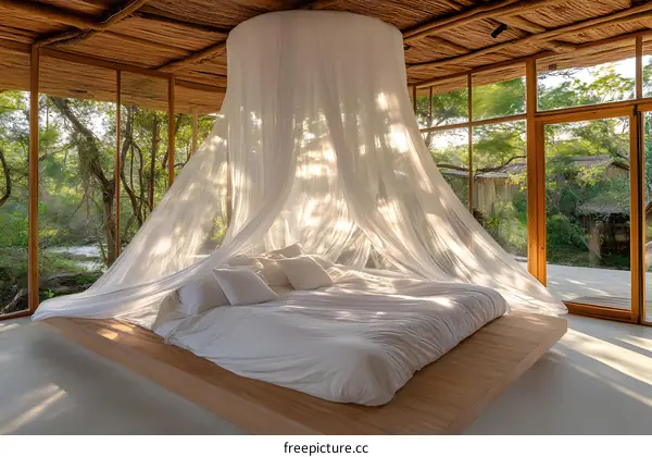 White Canopy Bed in a Glass Room with a View of Trees