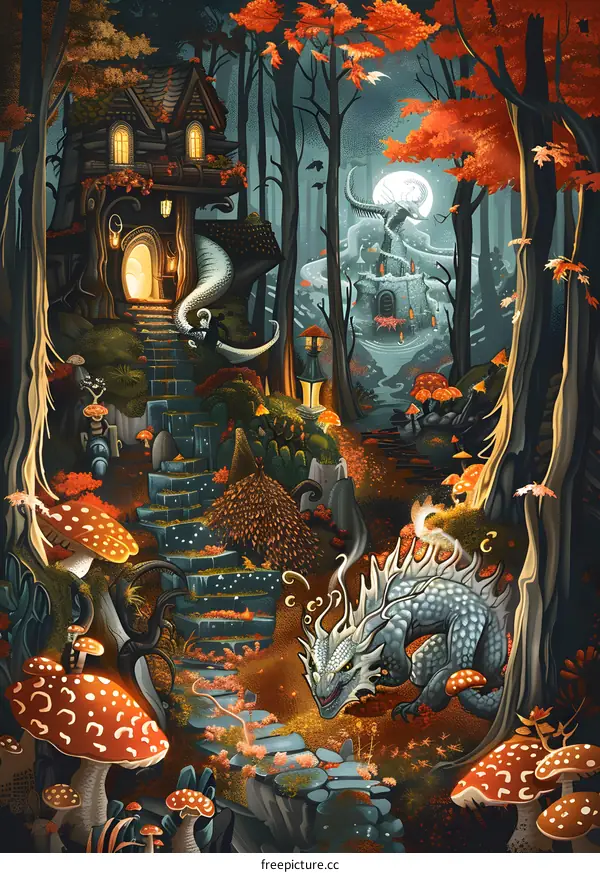 Fantasy Forest with Dragon, Cottage, and Mushrooms