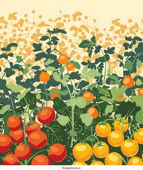 Red and Yellow Tomatoes Growing in a Garden