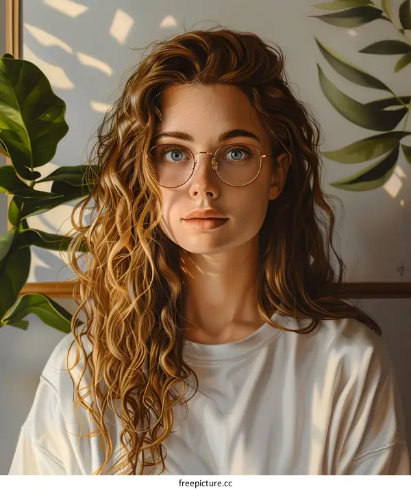 Portrait of a Woman with Curly Hair and Glasses