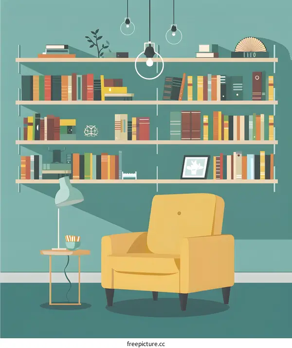 Modern Home Interior Design with Bookshelf and Armchair