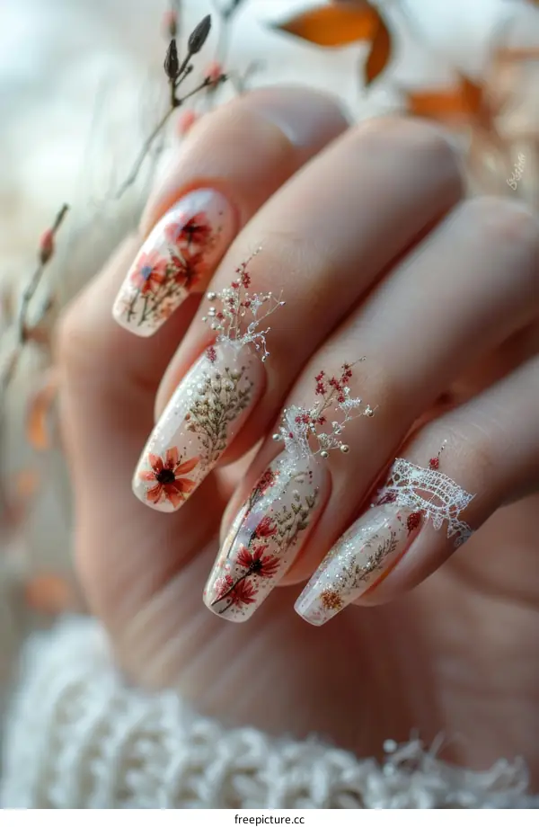 Dried flowers and lace make for an interesting nail art design