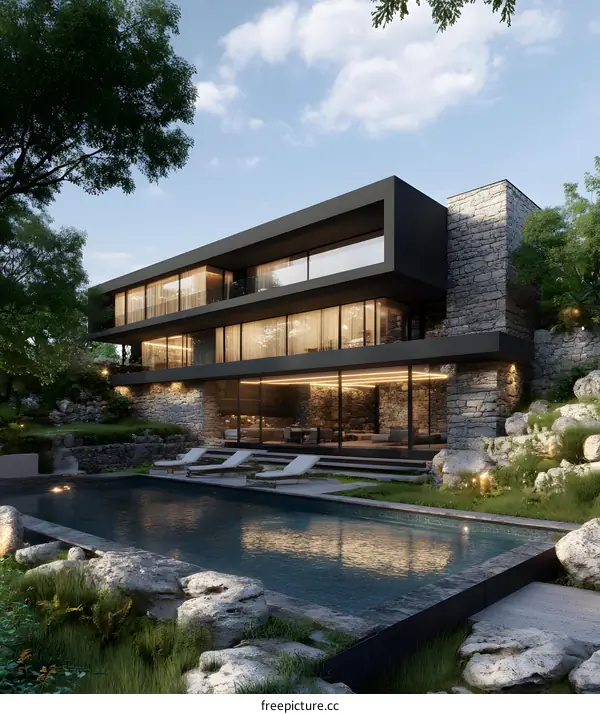 Modern House with Swimming Pool and Stone Wall