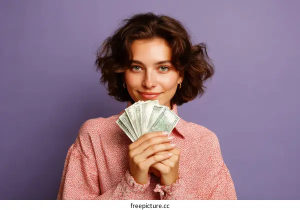 Woman Holding Money on Purple Background