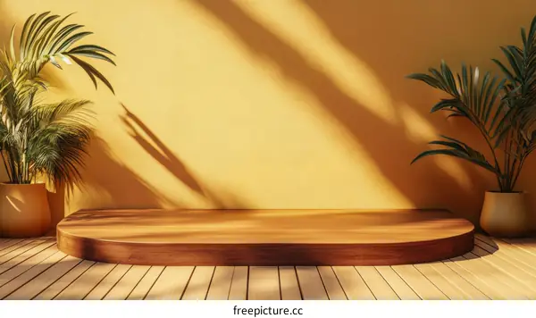 Empty Wooden Display Podium with Plants and Sunlight