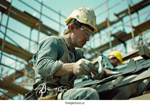 Construction worker installing shingles on a roof