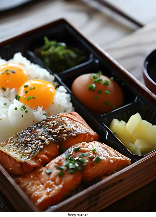 Japanese Bento Box with Salmon and Rice