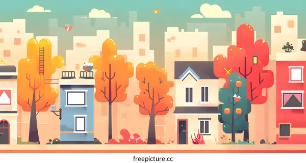 Colorful Illustration of Autumn Cityscape