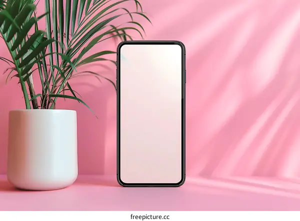 Blank Screen Smartphone with Green Plant on Pink Background
