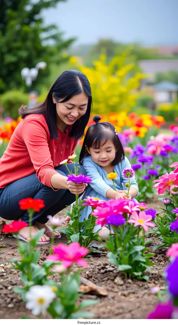 Mother and Daughter Enjoying Flower Garden