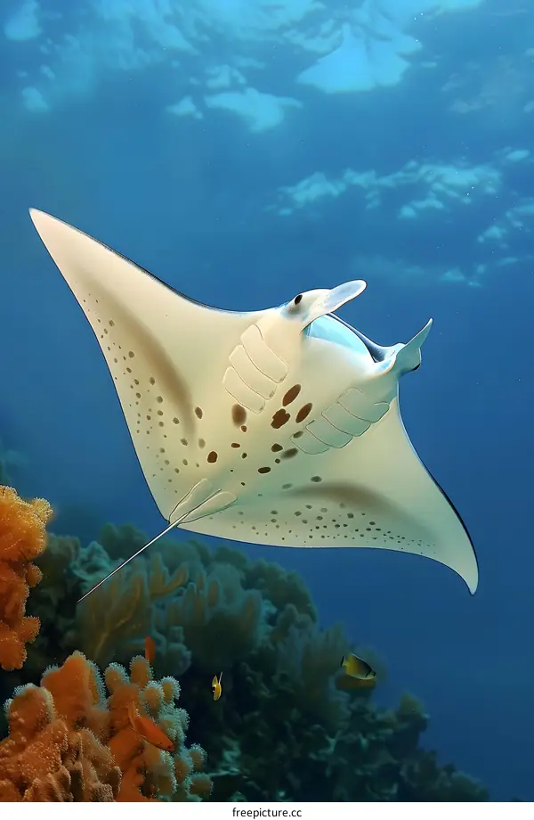 Giant oceanic manta ray gliding gracefully over a vibrant coral reef