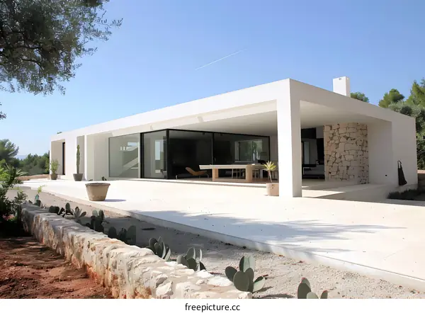 Modern White House with Large Windows and Stone Walls