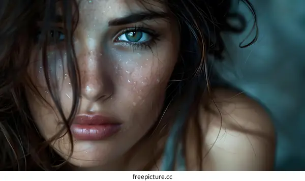 portrait of a beautiful young woman with freckles and green eyes