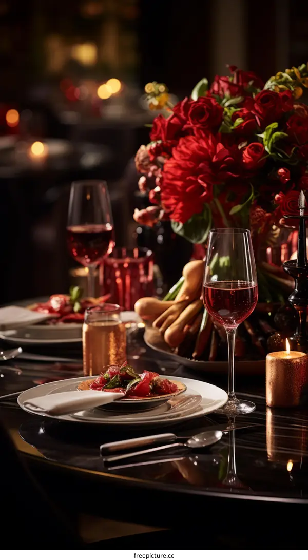 A Luxurious Table Setting with Red Wine, Flowers, and Candles