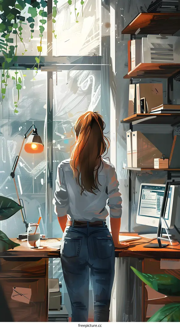 Woman Looking Out the Window at Her Desk