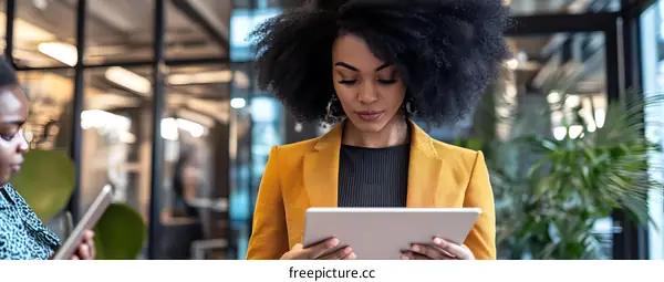 African American Woman Using Tablet in Modern Office