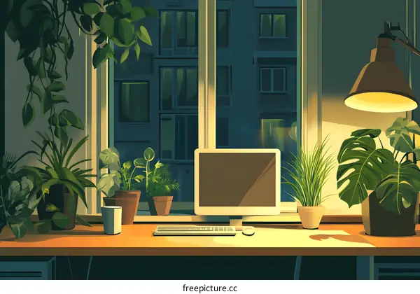 Nighttime Computer Desk with Plants and Window View