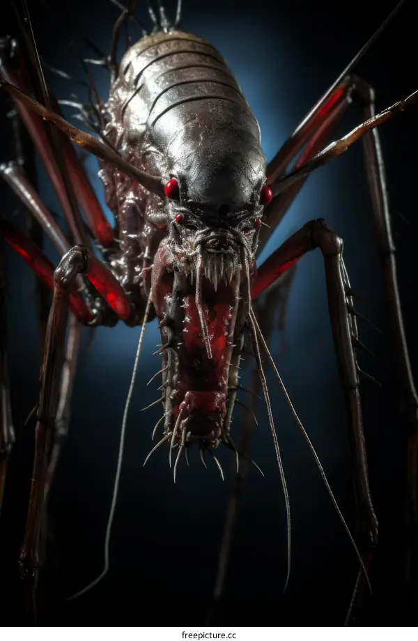 A terrifying alien insect with red eyes and sharp teeth