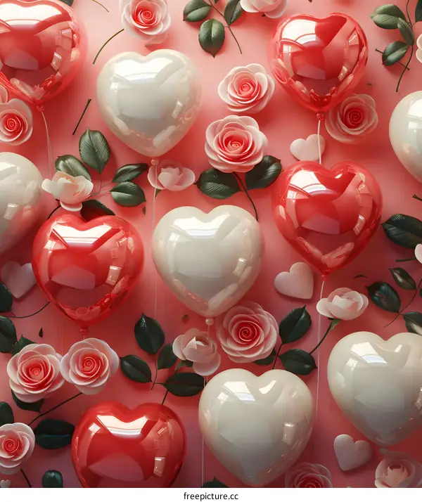 Red and white heart-shaped balloons with roses